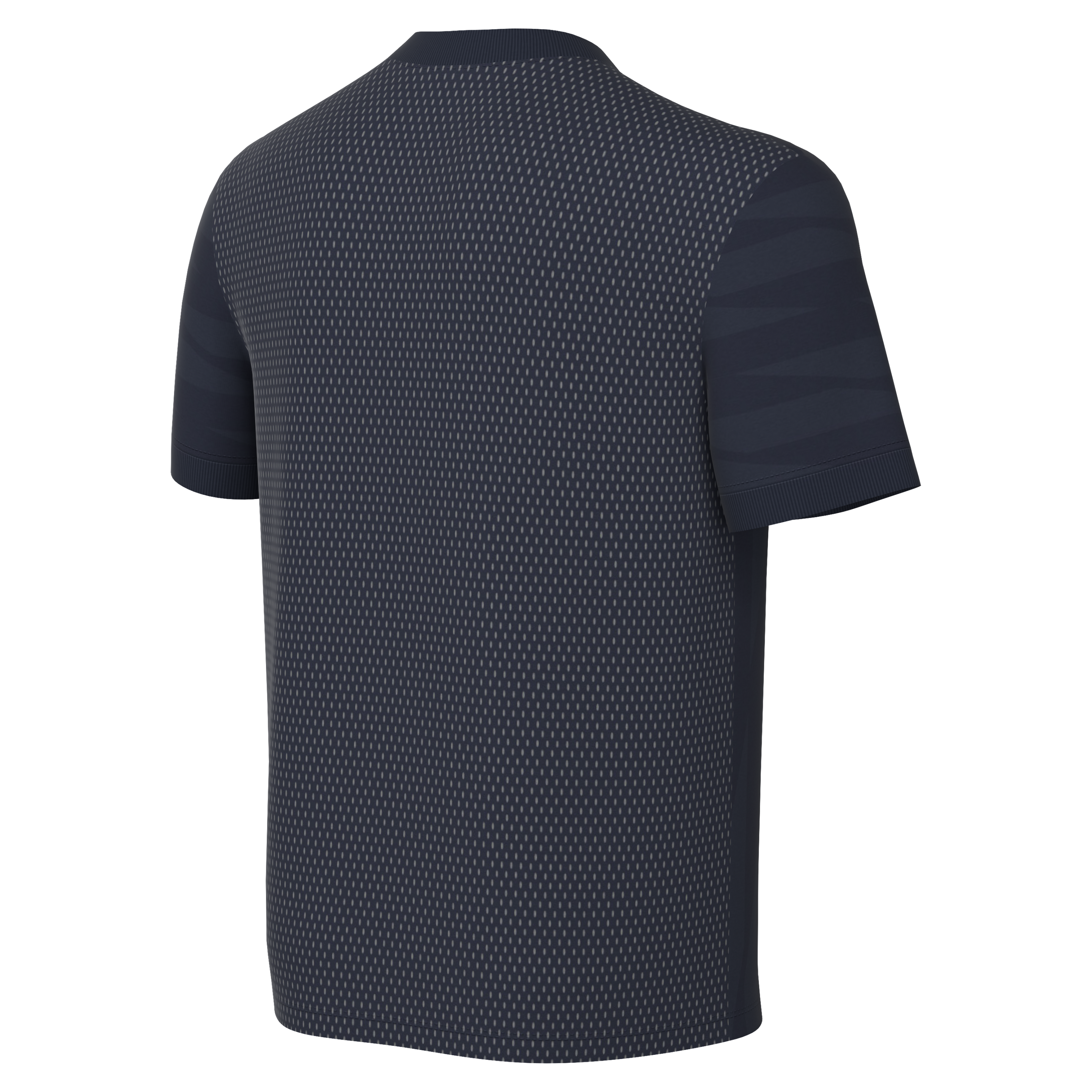 Back view of a dark blue short-sleeved t-shirt featuring a fine textured dot pattern and subtle sleeve stripes on a solid black background.