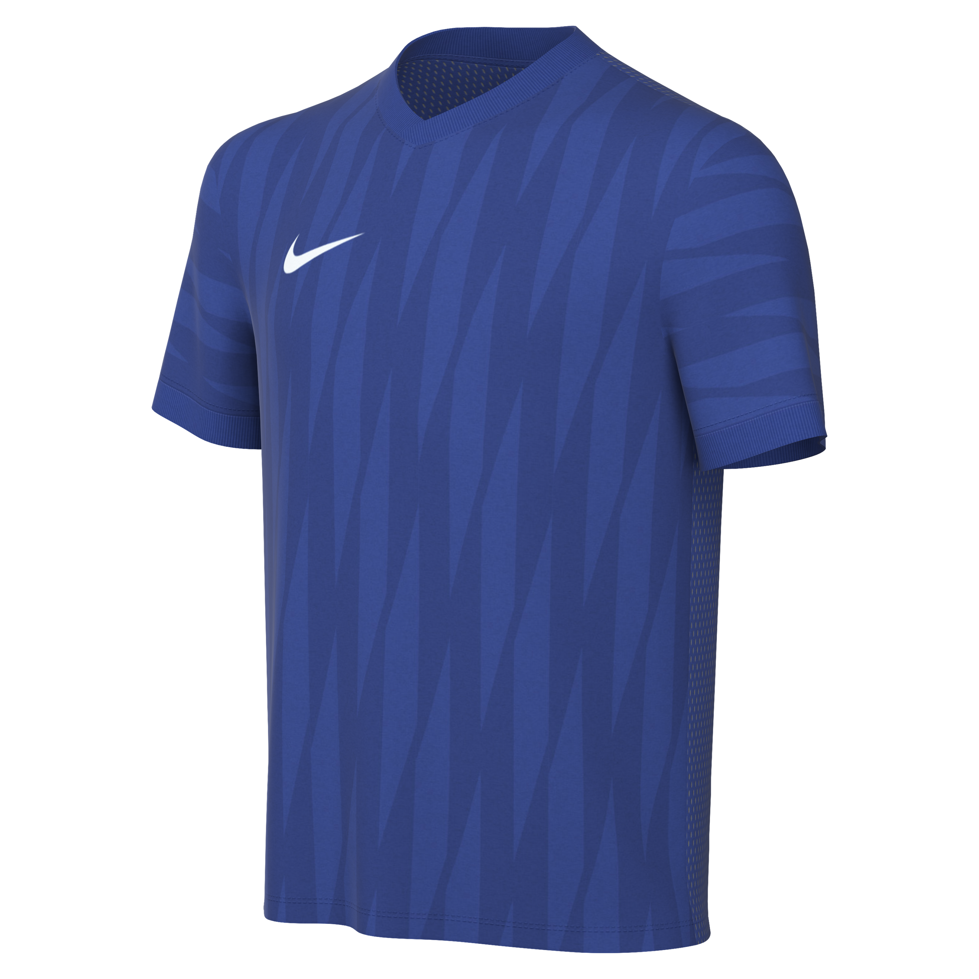 A royal blue short-sleeve Nike jersey featuring a subtle tonal jagged pattern and a white swoosh logo on the right chest.