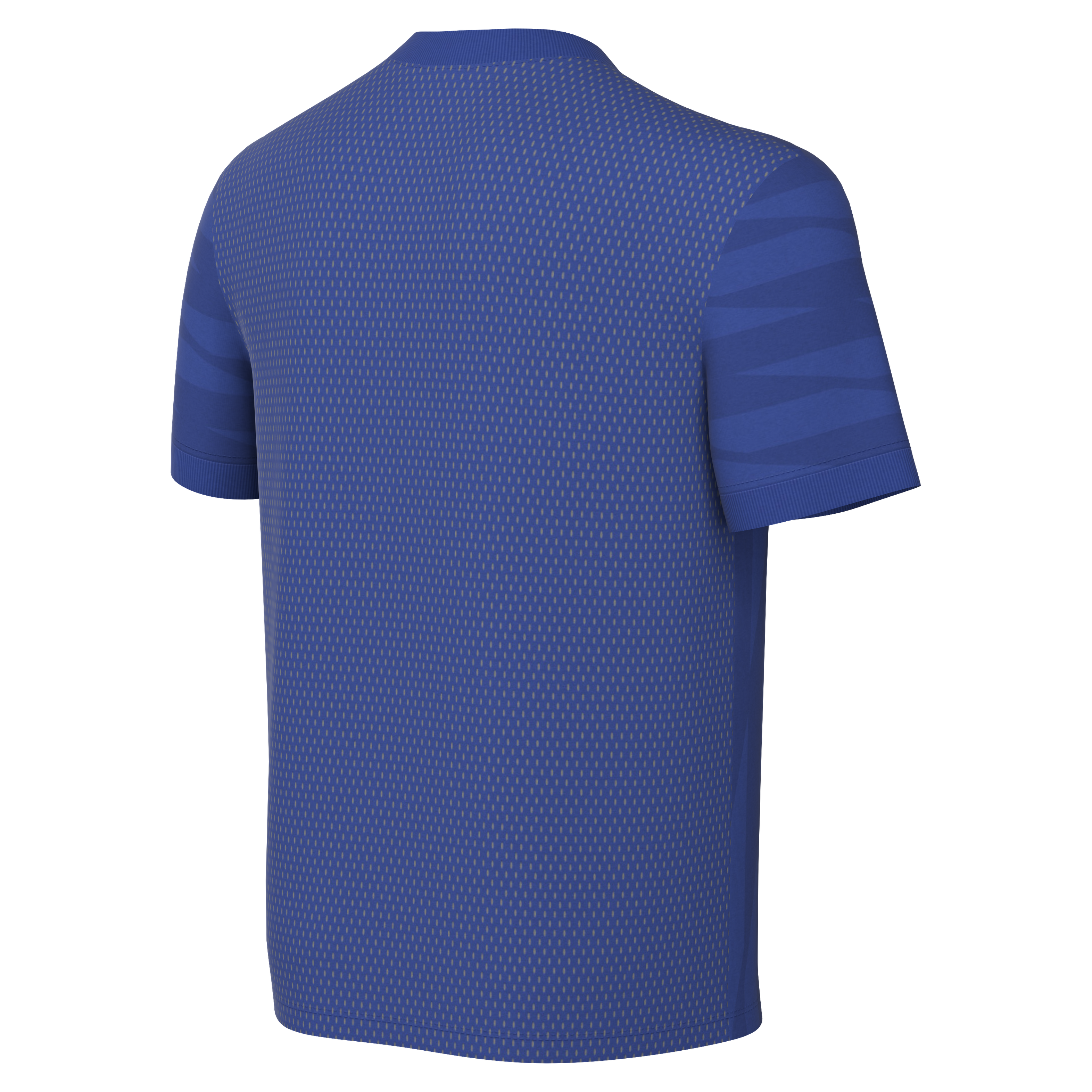 Back view of a blue short-sleeved sports jersey with a fine mesh texture and subtle wavy patterns on the sleeves, against a black background.
