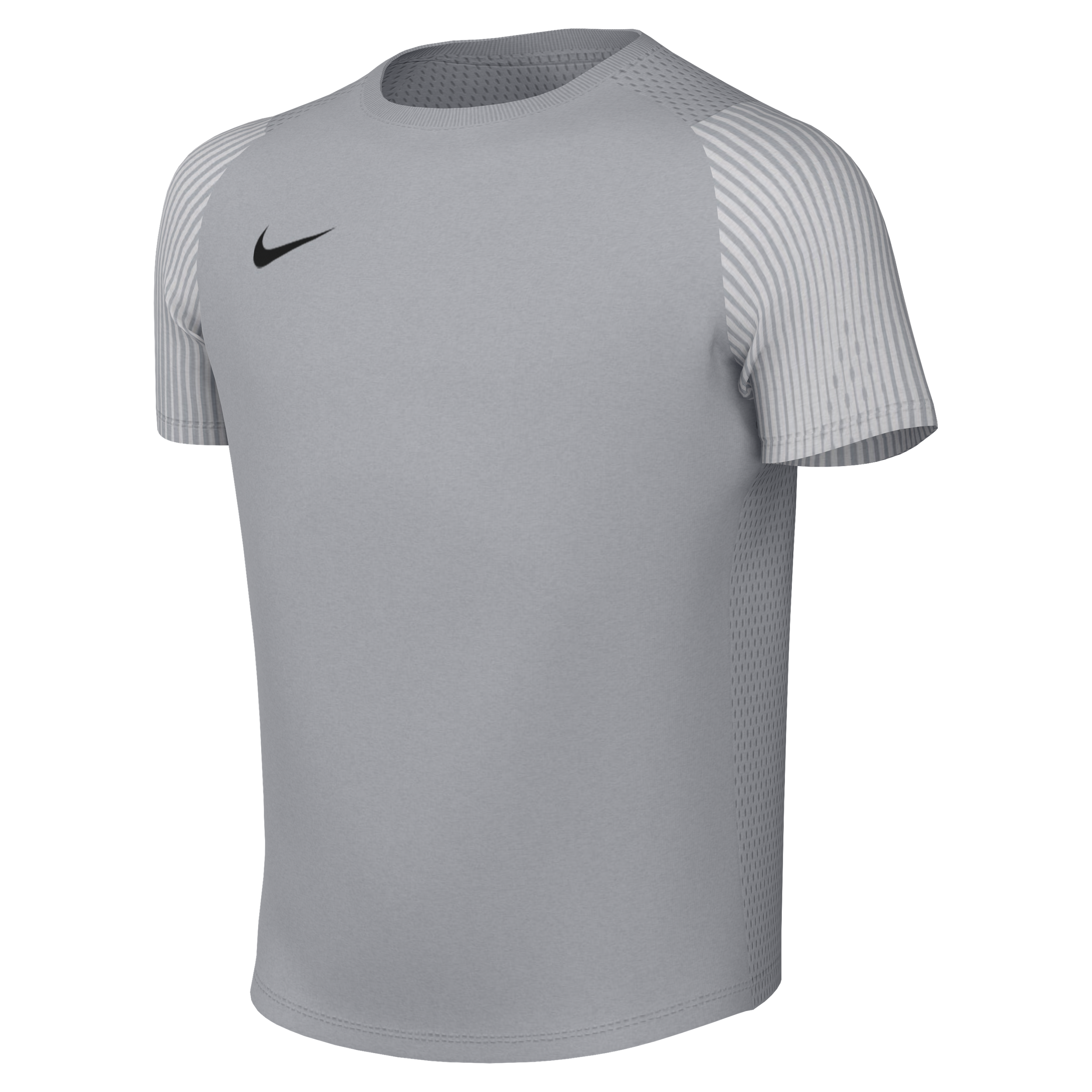 A light grey Nike athletic t-shirt with striped sleeves, a black swoosh, and mesh side panels.