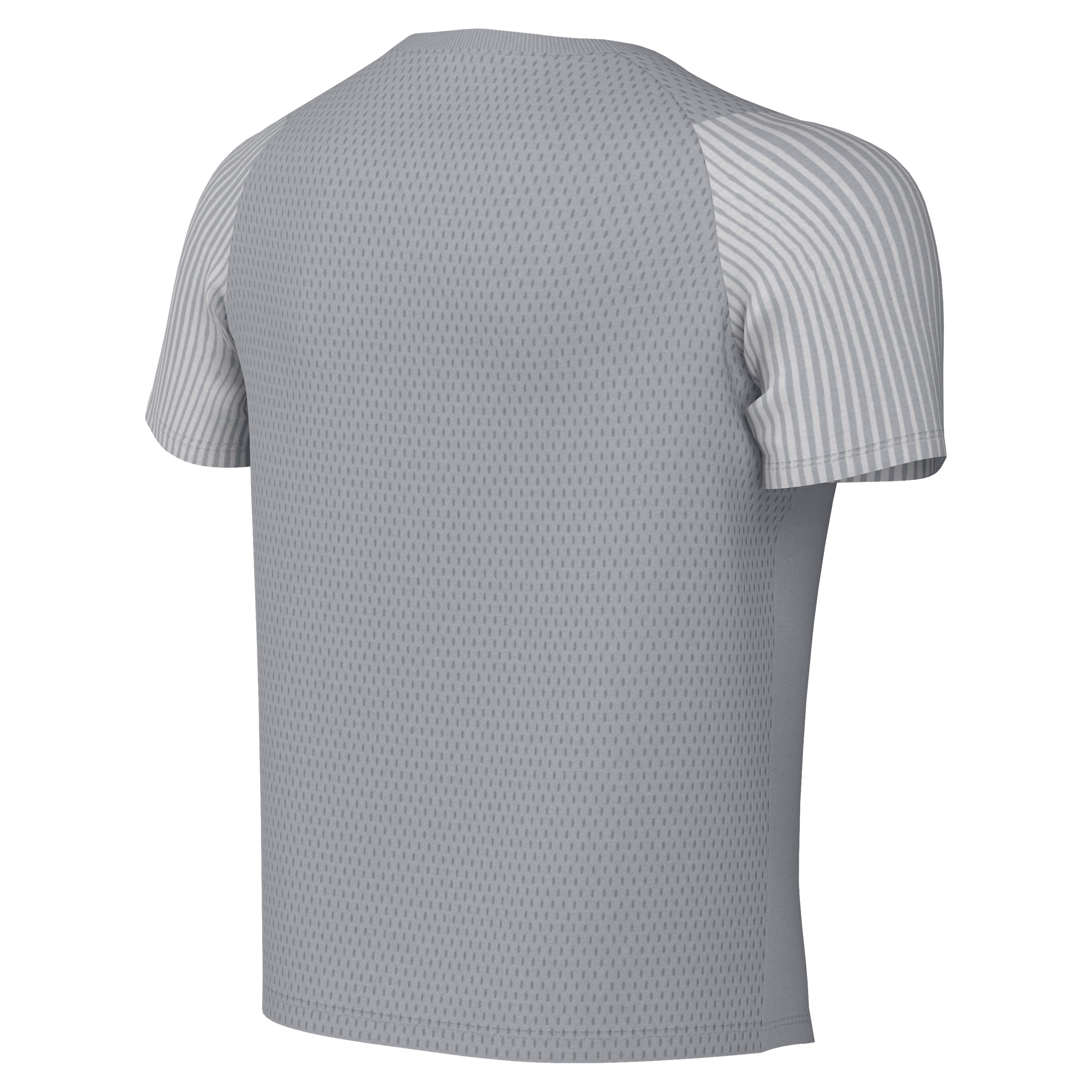 Rear three-quarter view of a grey mesh athletic t-shirt with white pinstriped sleeves against a black background.