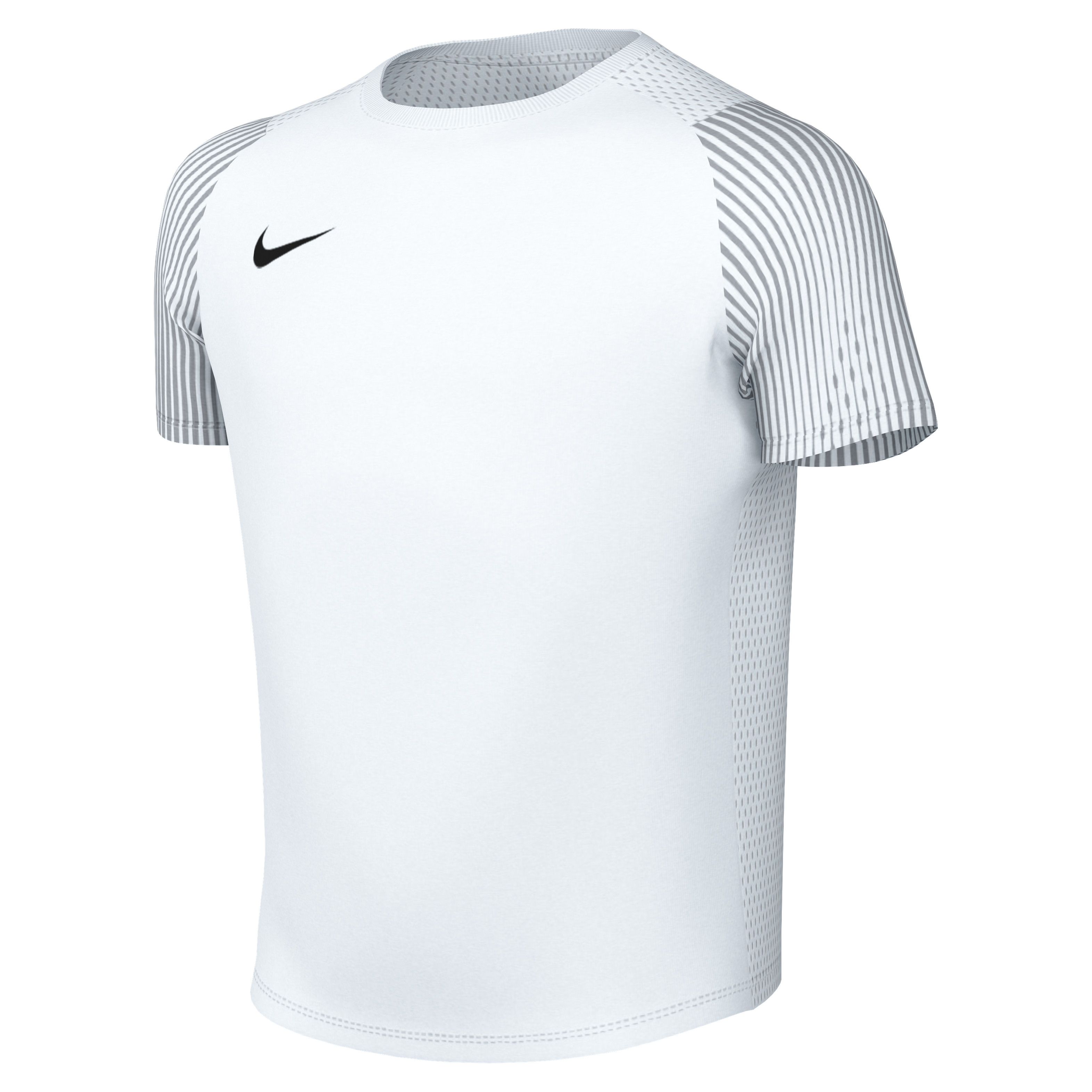 A white Nike athletic t-shirt with grey and white striped sleeves and a black swoosh logo on the chest, isolated on a black background.