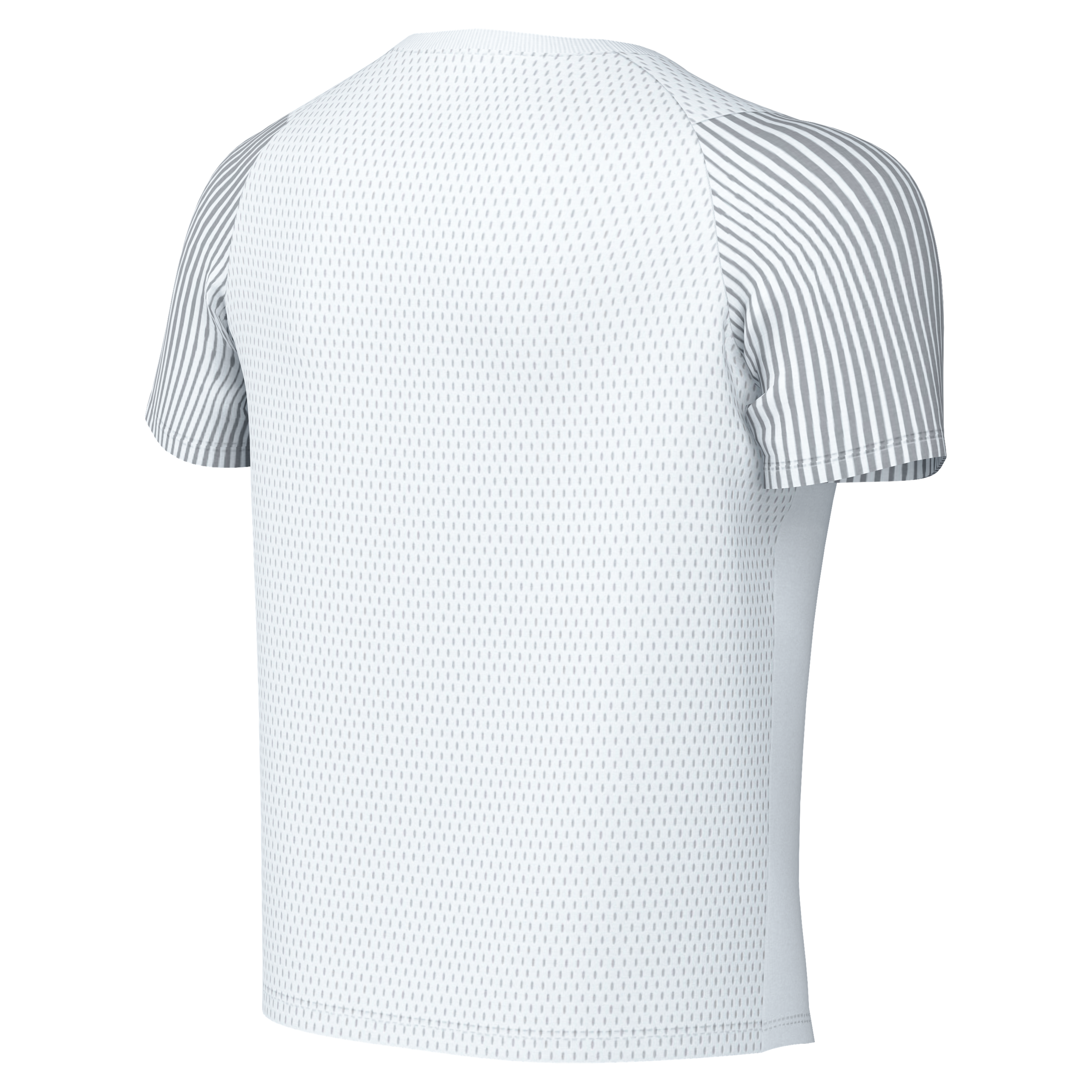 Back view of a white short-sleeved athletic shirt featuring gray striped raglan sleeves and a textured mesh back panel.