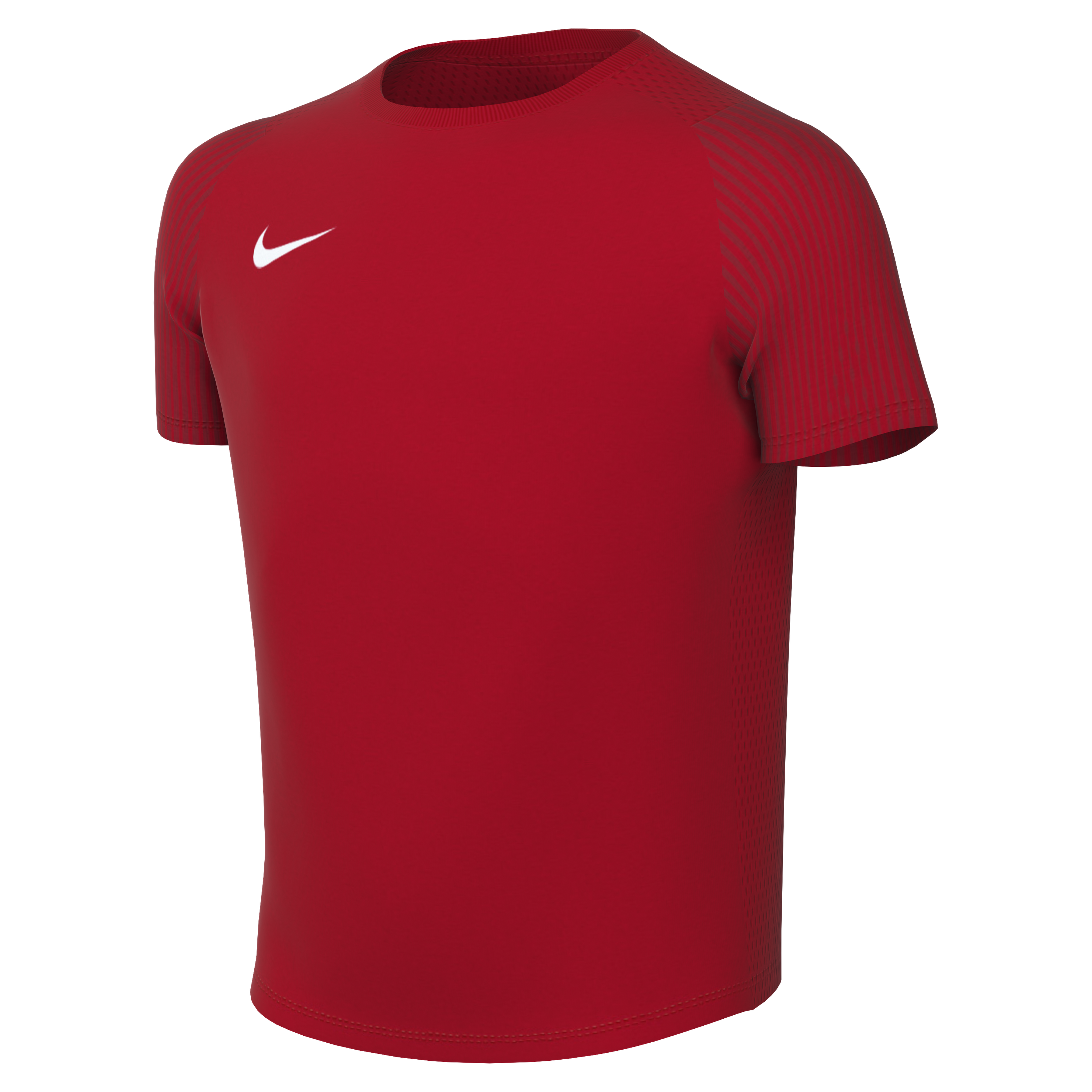 Red Nike short-sleeved athletic shirt with a white swoosh on the chest and striped patterns on the sleeves.