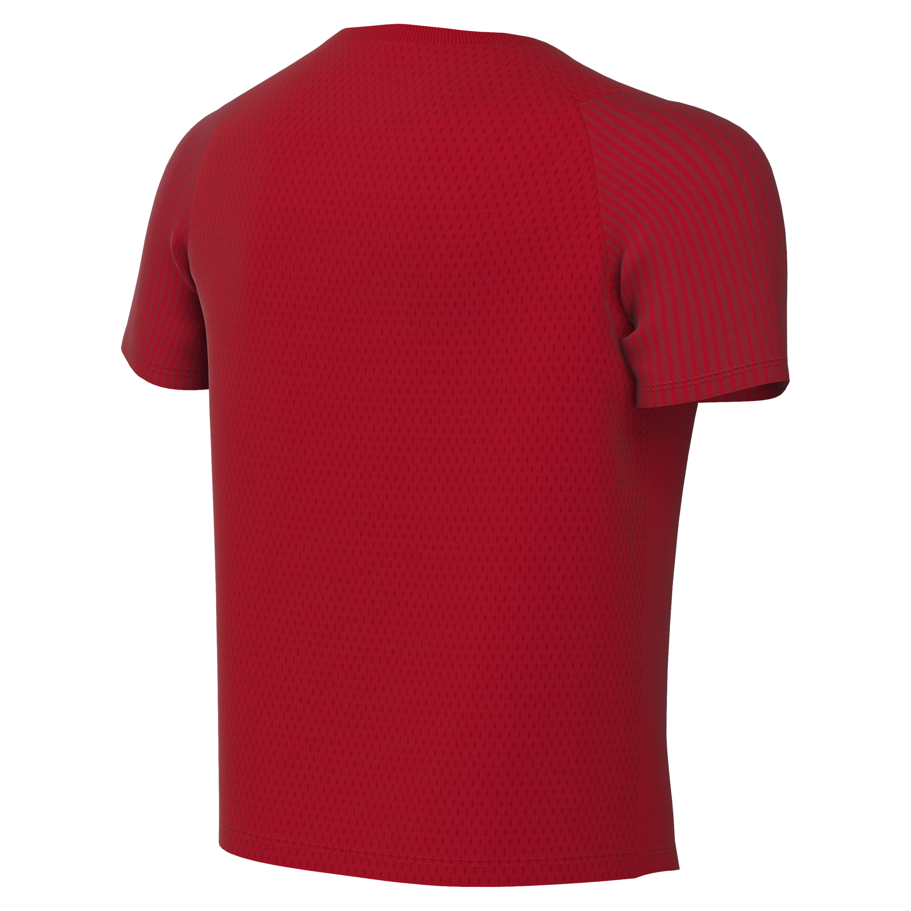 Back view of a red short-sleeved athletic jersey with tonal striped sleeves and a subtle mesh texture, shown against a plain black background.