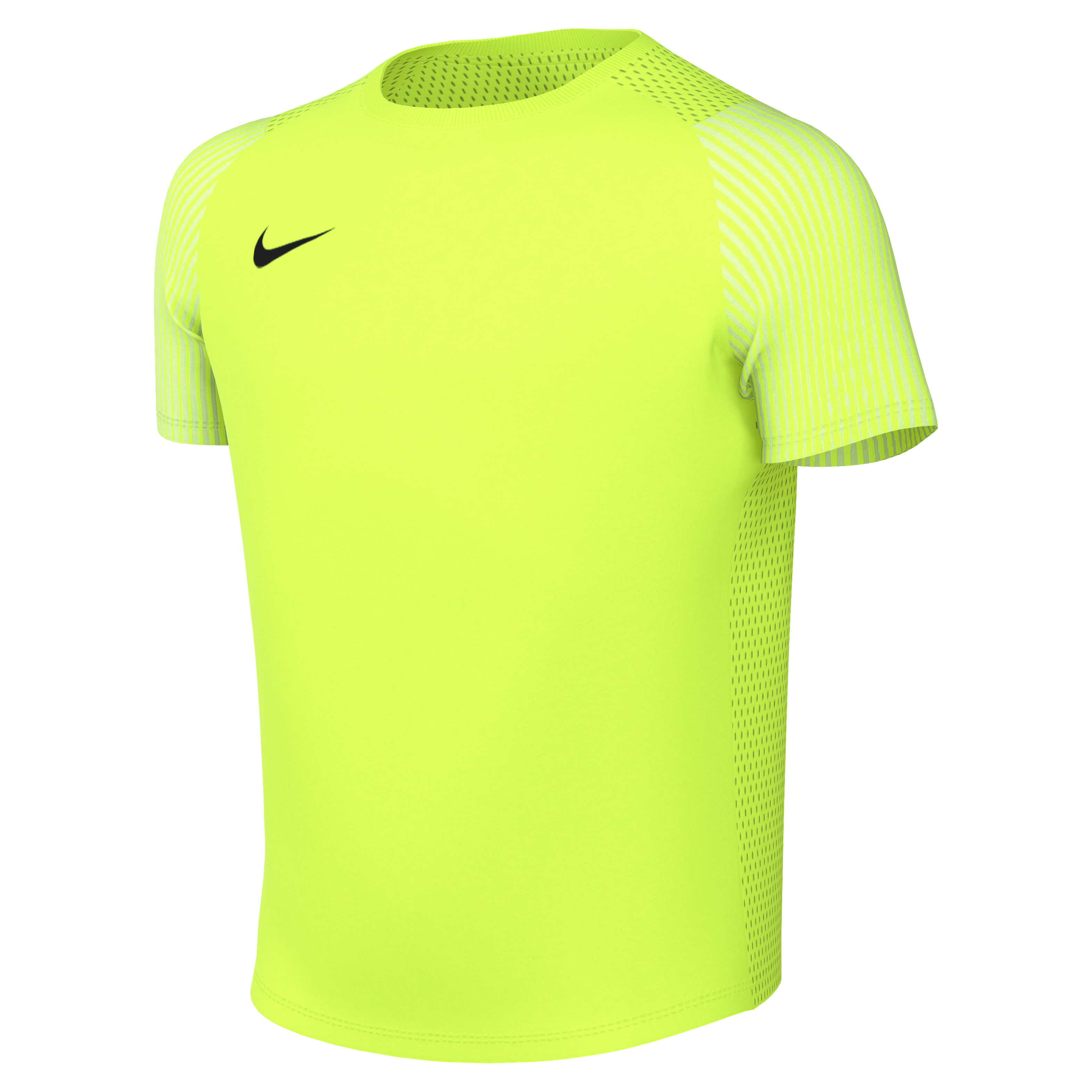 Neon yellow Nike athletic jersey featuring a black swoosh logo, subtle white-striped sleeves, and perforated side panels for breathability.