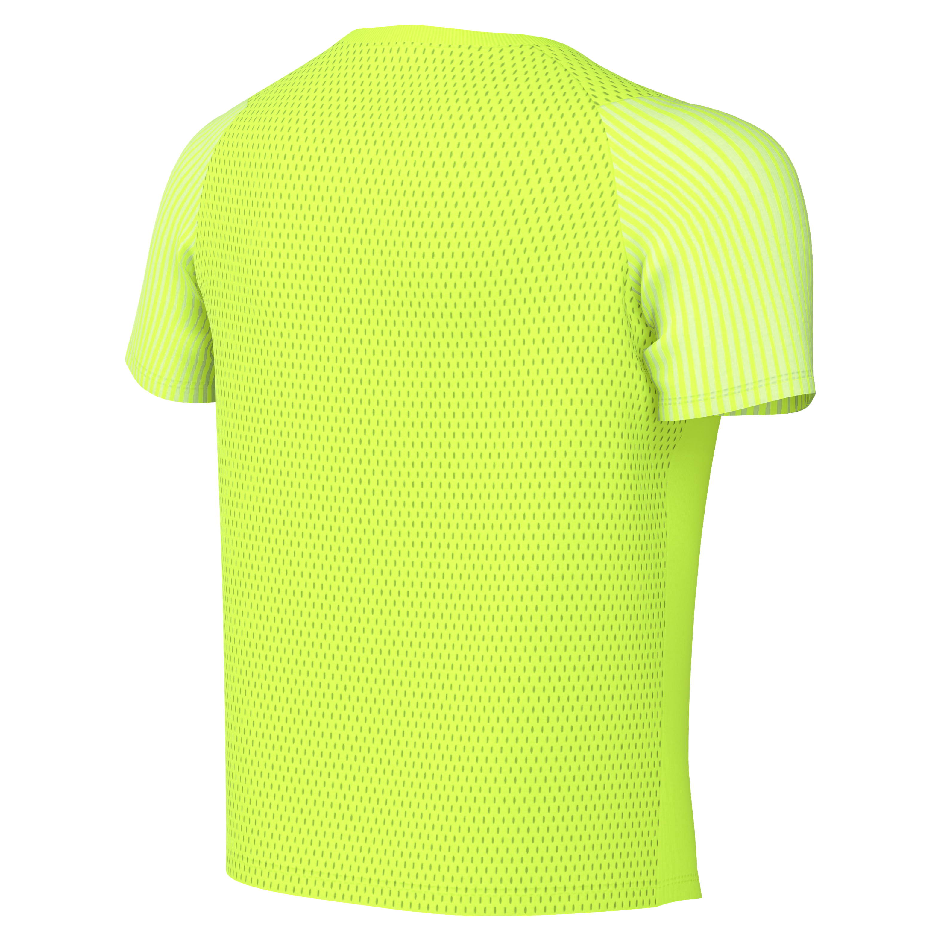 Back view of a neon yellow athletic t-shirt featuring a mesh-textured body and striped sleeves, shown against a solid black background.