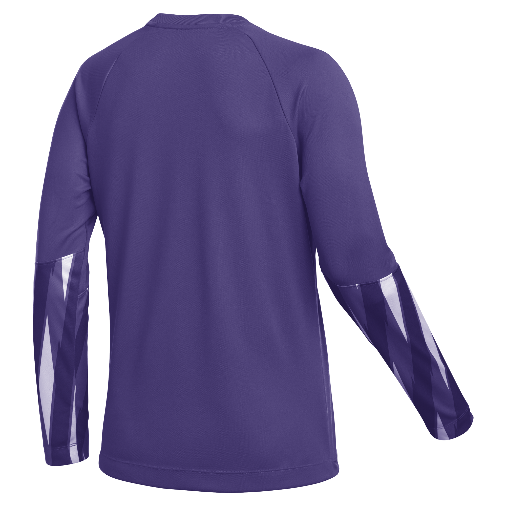 Rear view of a purple long-sleeved athletic shirt with a diagonal geometric pattern in dark purple and white on the lower sleeves.