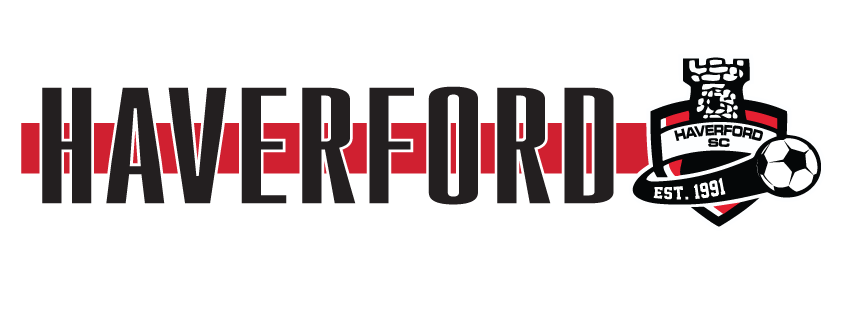 Haverford SC logo featuring the name "HAVERFORD" in bold black letters over a red stripe and a team crest with a castle turret, soccer ball, and "EST. 1991."