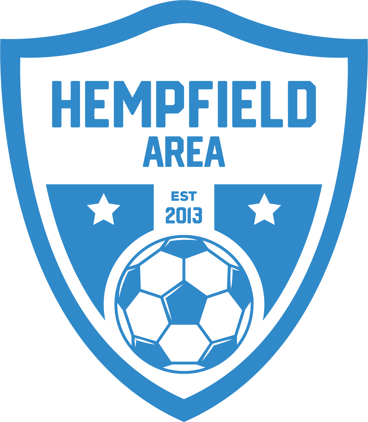 Blue and white shield logo for Hempfield Area featuring the text "HEMPFIELD AREA", "EST 2013", two white stars, and a soccer ball icon.
