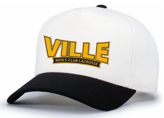 White baseball cap with a black brim. The front features a large yellow "VILLE" logo above a banner that reads "MEN’S CLUB LACROSSE."