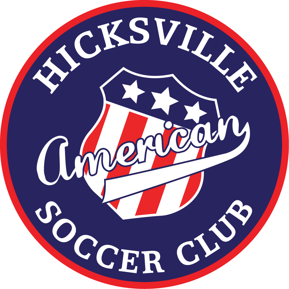 Logo for Hicksville American Soccer Club featuring a red-bordered blue circle, white text, and a central shield with red and white stripes and three stars.