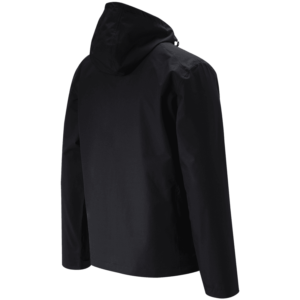 Rear three-quarter view of a black hooded jacket against a white background.