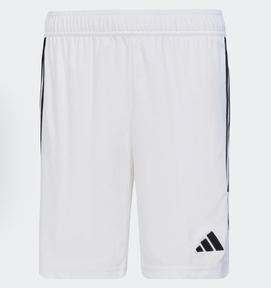White Adidas athletic shorts with black side stripes and a black logo on the lower left leg.