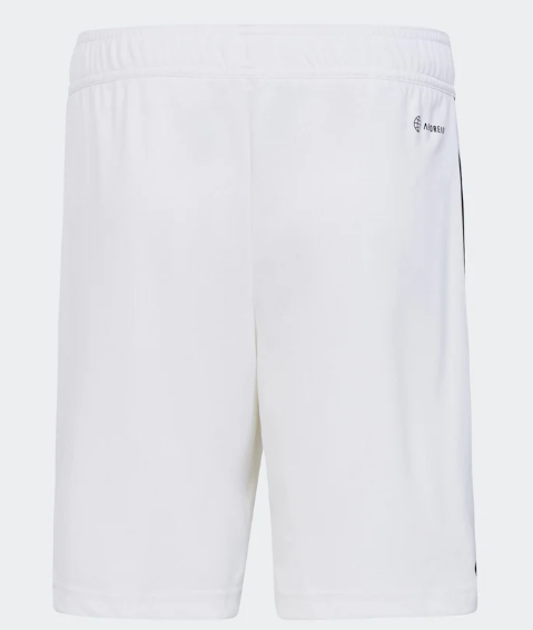Back view of white athletic shorts featuring an elastic waistband and a small logo on the upper right hip.