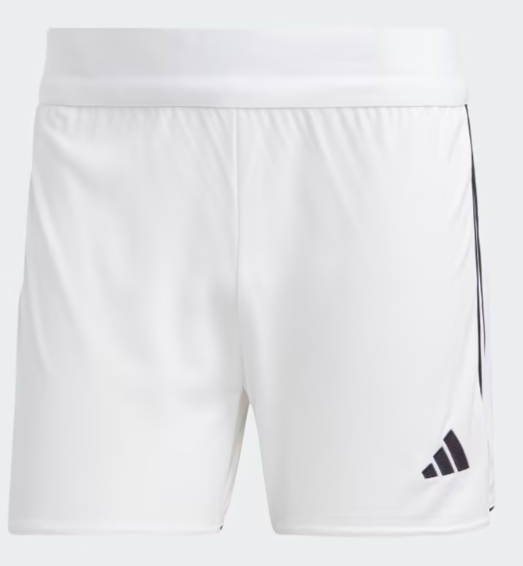 White Adidas athletic shorts with three black vertical stripes down the sides and a black Adidas logo on the bottom right leg.
