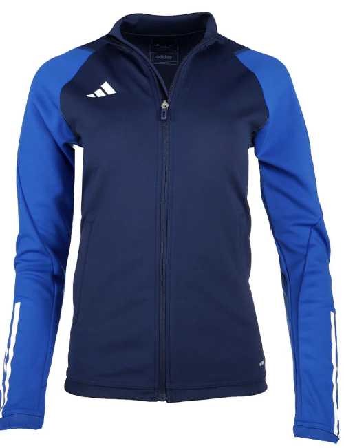 A navy blue Adidas zip-up track jacket with bright blue raglan sleeves featuring three white stripes near the cuffs and a white Adidas logo on the right chest.