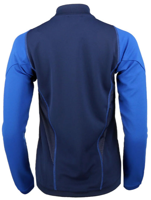 Back view of a navy and royal blue long-sleeved athletic top, featuring contoured side panels and contrast stitching.