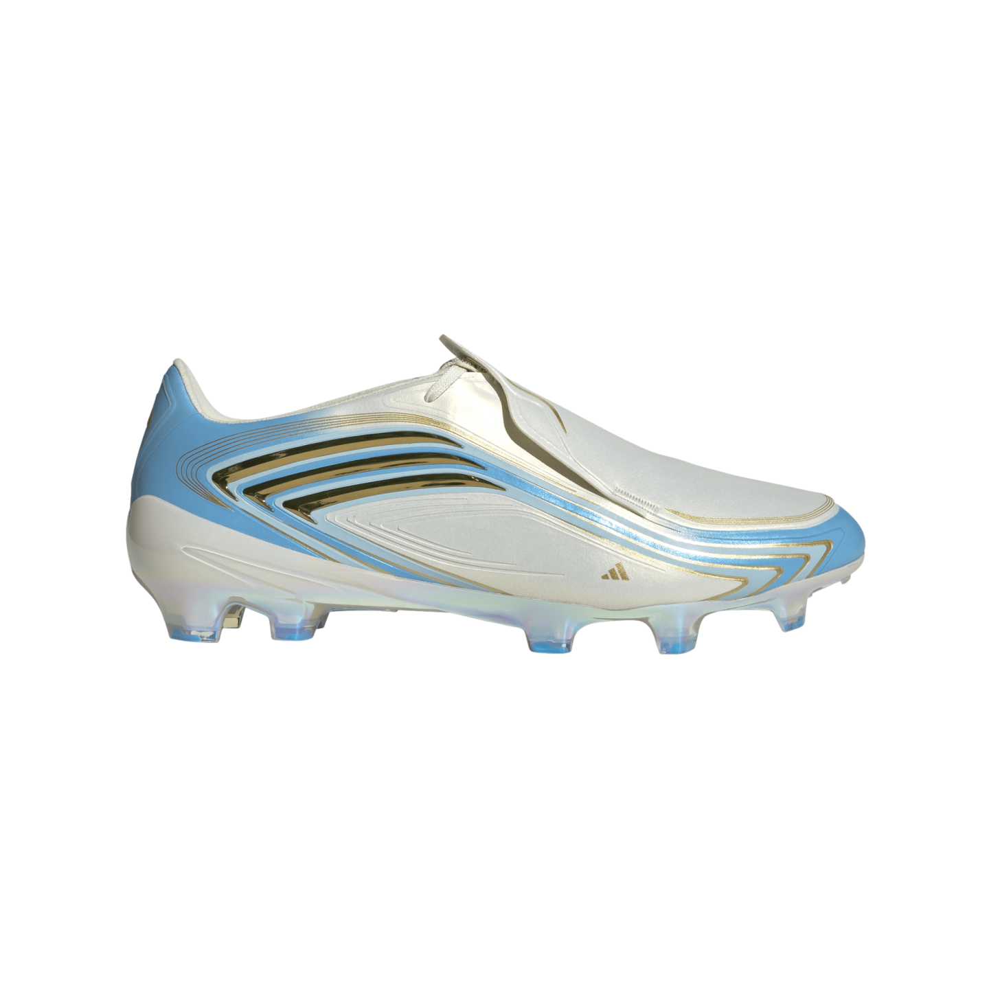 Side view of a white and sky-blue laceless Adidas soccer cleat with gold accents and an iridescent soleplate.