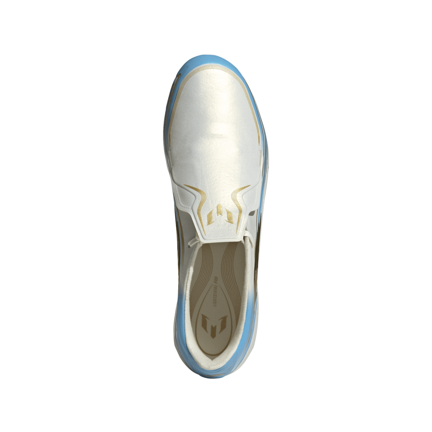 Overhead view of a white laceless Adidas soccer cleat with light blue accents and gold Messi logos.