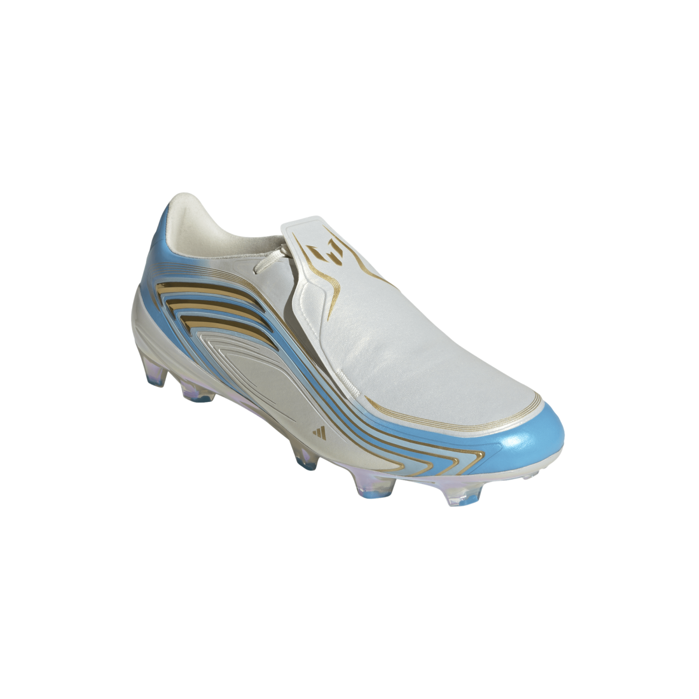 White Adidas soccer cleat with light blue and gold curved accents, featuring a sleek, laceless design and a studded sole.