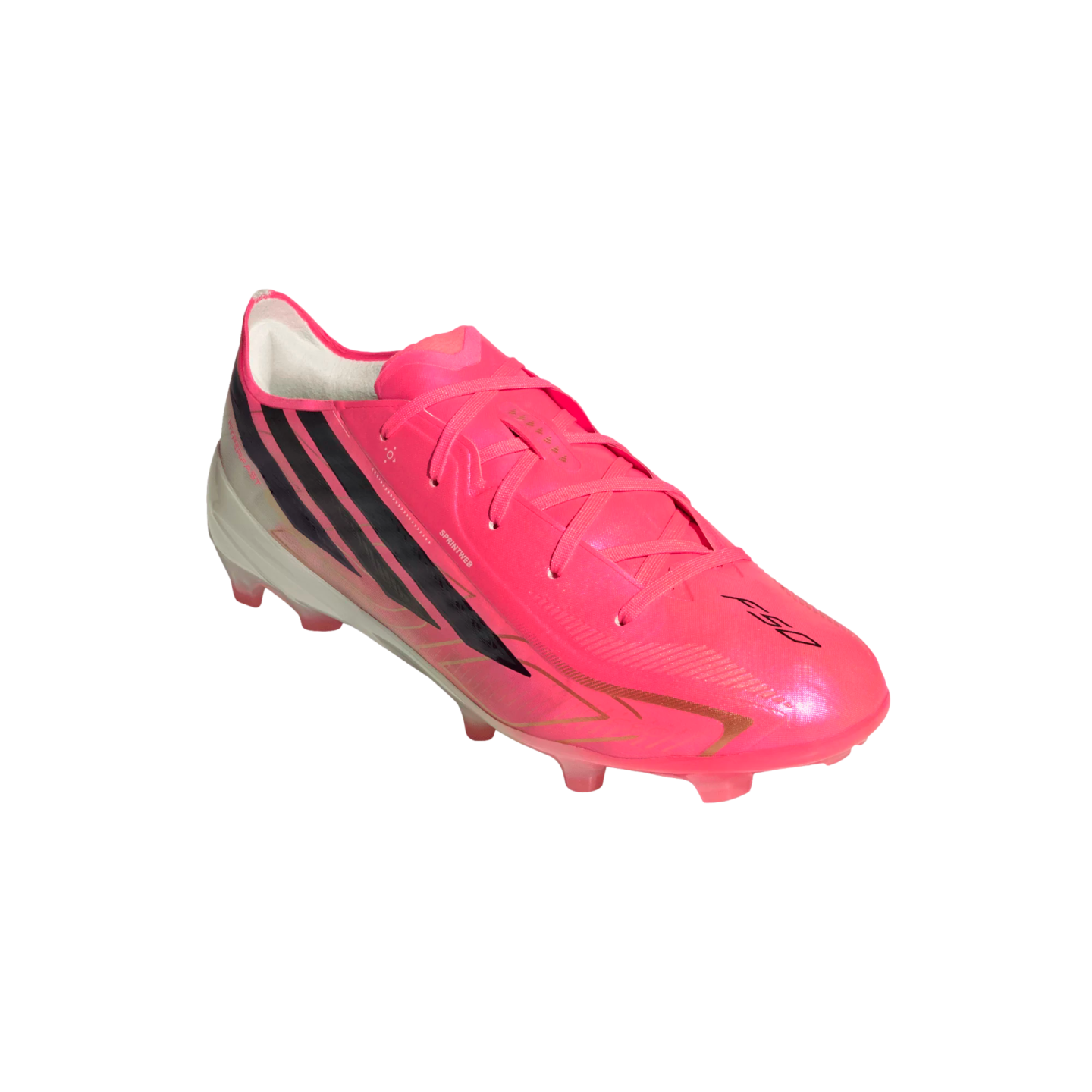 A bright pink Adidas F50 soccer cleat with three black diagonal stripes on the side, set against a plain white background.