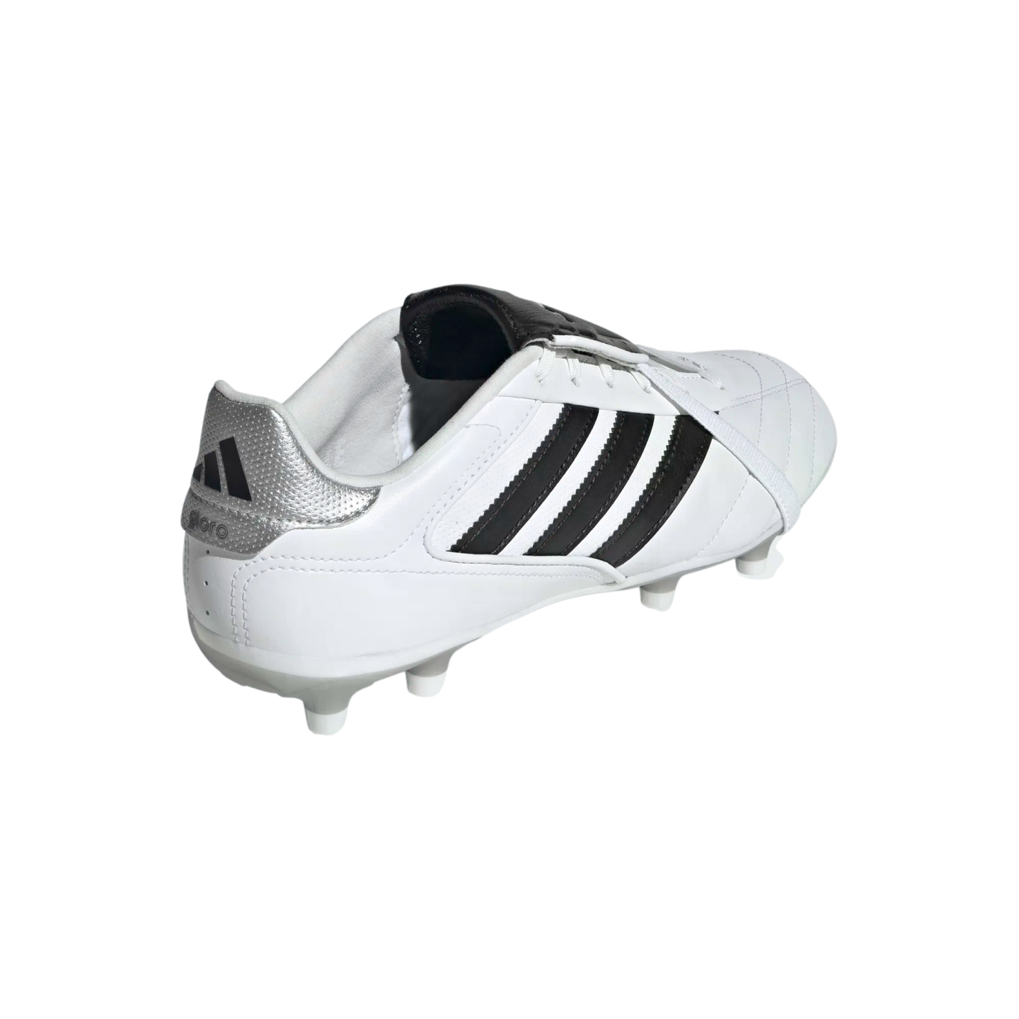 A white Adidas soccer cleat against a black background, featuring black stripes on the side, a silver heel panel, and white studs on the sole.