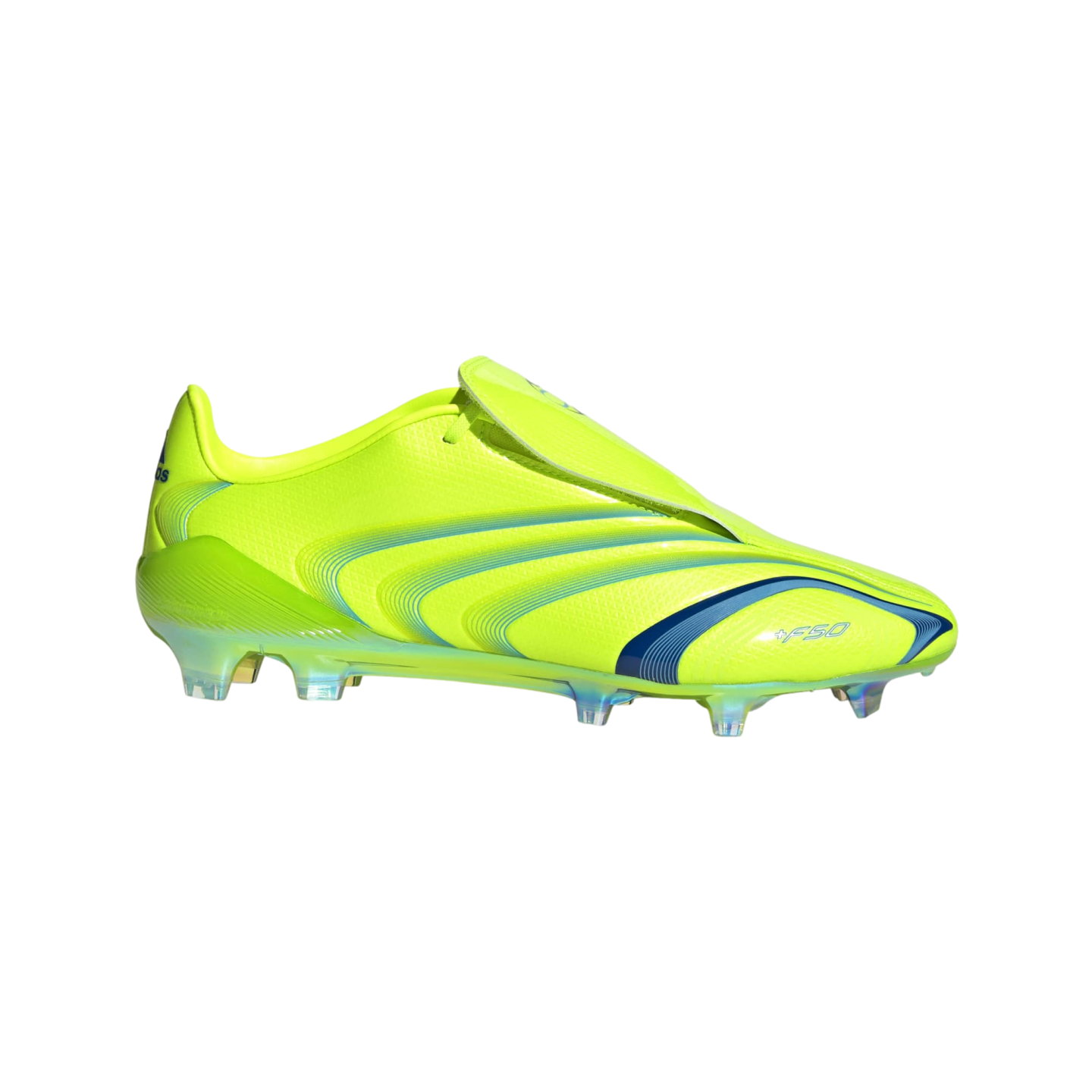 A neon yellow Adidas +F50 soccer cleat with blue wavy graphics and a lace cover, viewed from the side on a black background.