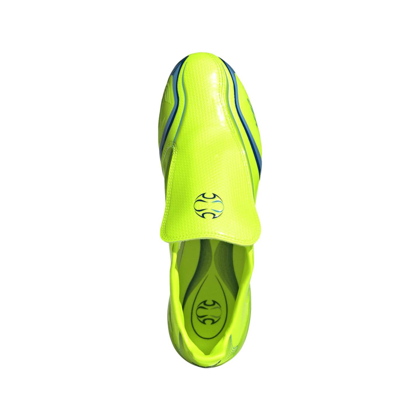 A top-down view of a neon yellow soccer cleat with blue accents and a fold-over tongue, isolated against a solid black background.