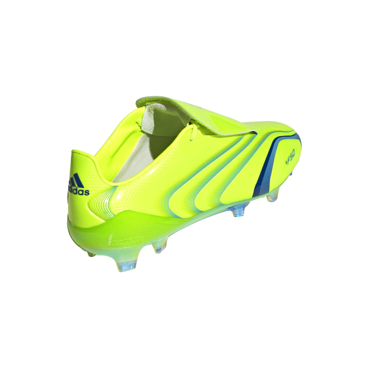A neon yellow Adidas +F50 soccer cleat with blue and lime green accents and clear studs, shown from a rear side angle on a solid black background.