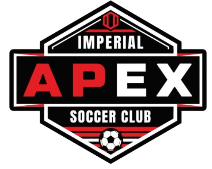Imperial Apex Soccer Club logo. A black hexagonal shield featuring "APEX" in large red and white letters, with "SOCCER CLUB" and a soccer ball icon at the bottom.