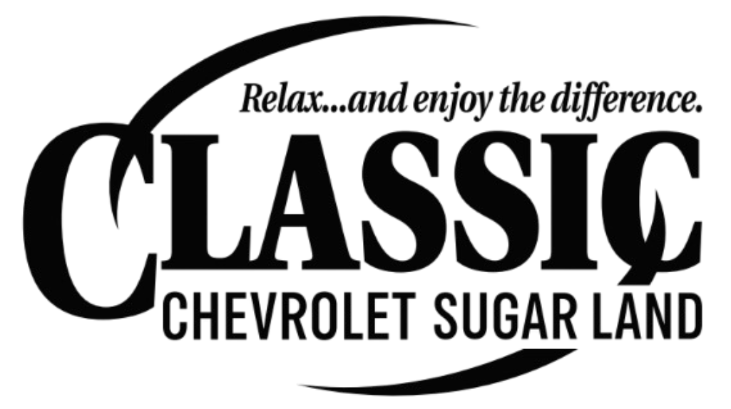 Logo for Classic Chevrolet Sugar Land. Stylized black text on white reads: "Relax...and enjoy the difference. CLASSIC CHEVROLET SUGAR LAND" with two decorative curved lines.