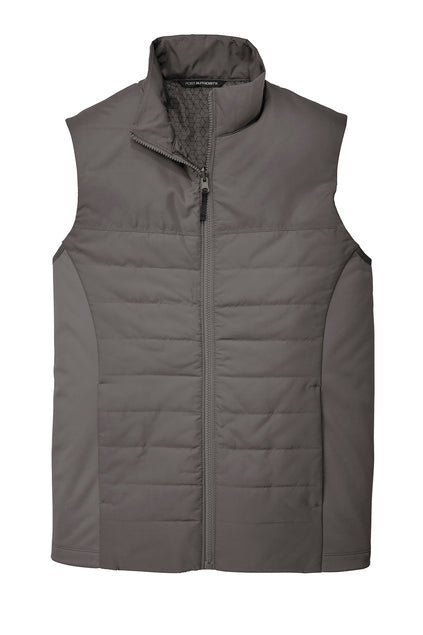 A grey quilted vest with a full-length front zipper, a stand-up collar, and solid-colored side panels.