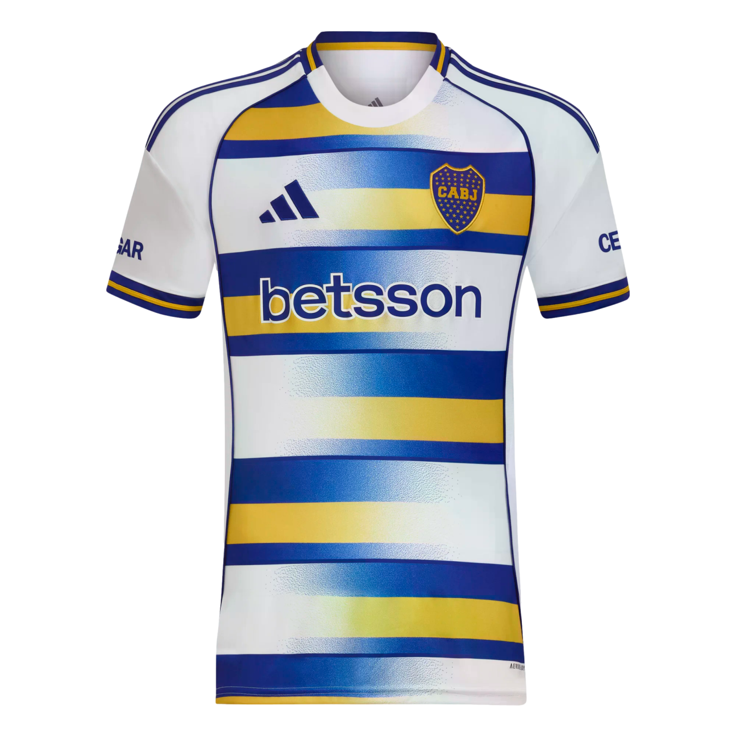 Adidas Boca Juniors white soccer jersey with horizontal blue and yellow stripes, featuring the club crest and Betsson sponsor.