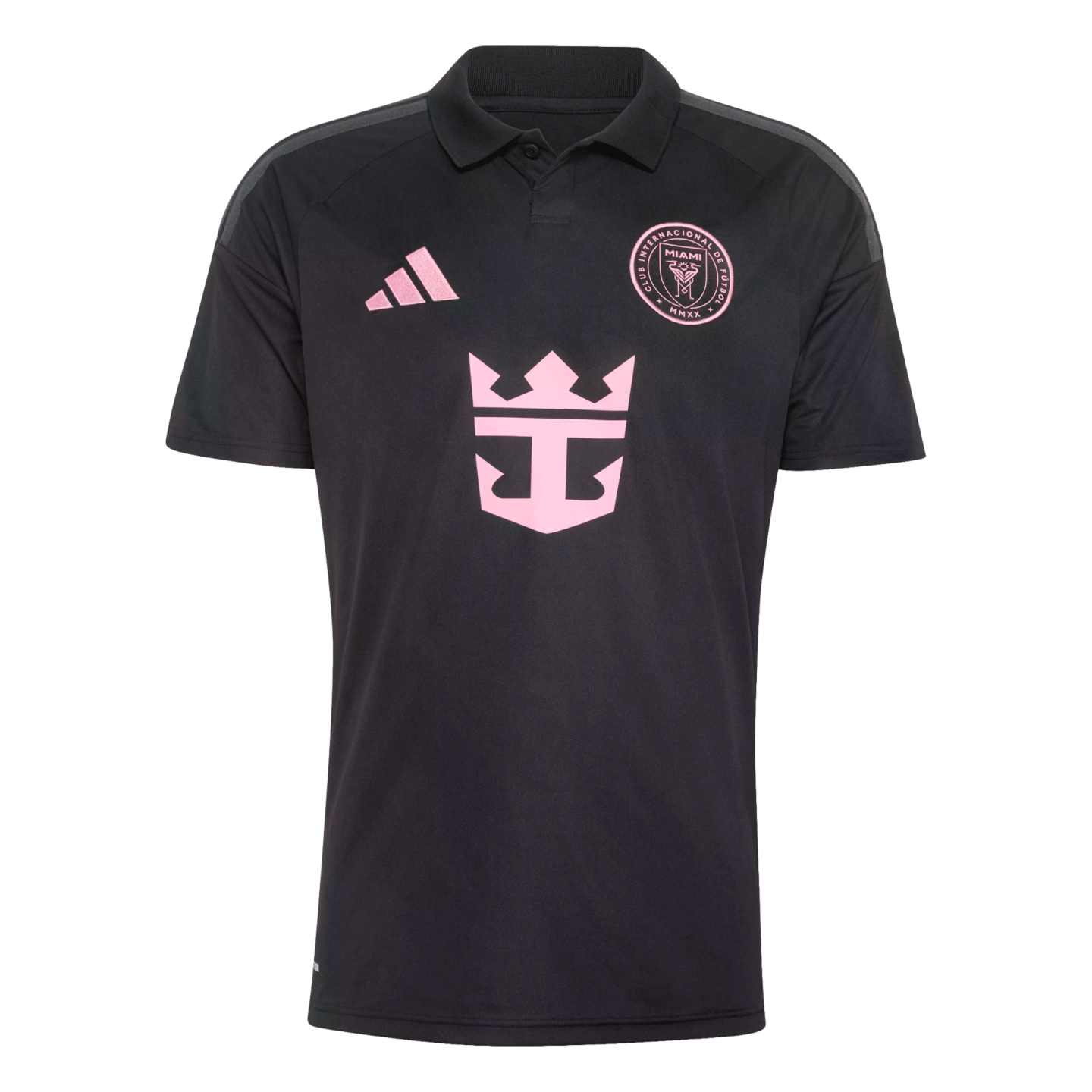 Black Inter Miami CF soccer jersey with pink accents, including the Adidas logo, team crest, and Royal Caribbean sponsor logo in the center.