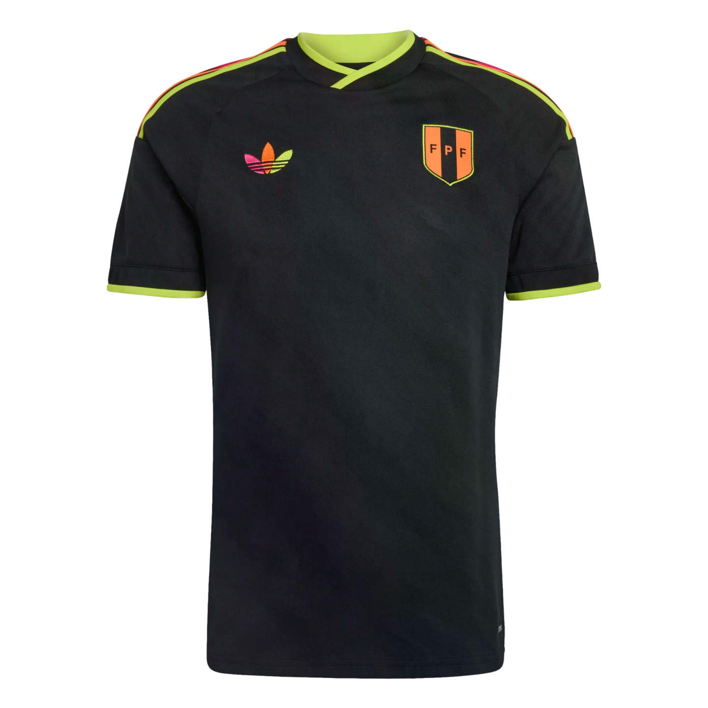 Black Adidas jersey with neon green collar and cuffs. Features a multicolored trefoil logo, an orange "FPF" shield, and orange and yellow stripes on the shoulders.