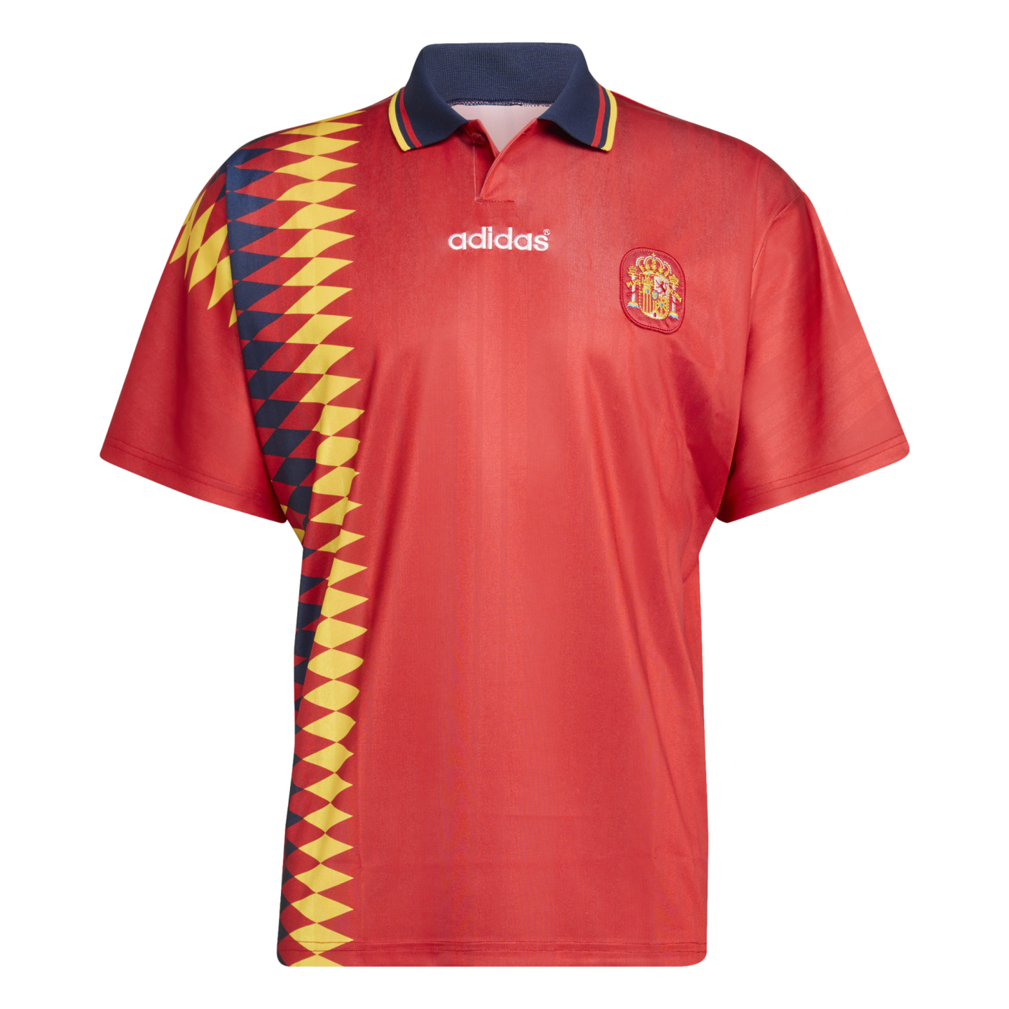 Adidas Spain red soccer jersey with a navy polo collar and a yellow and navy geometric pattern on the right side. Features the Spain national team crest on the chest.