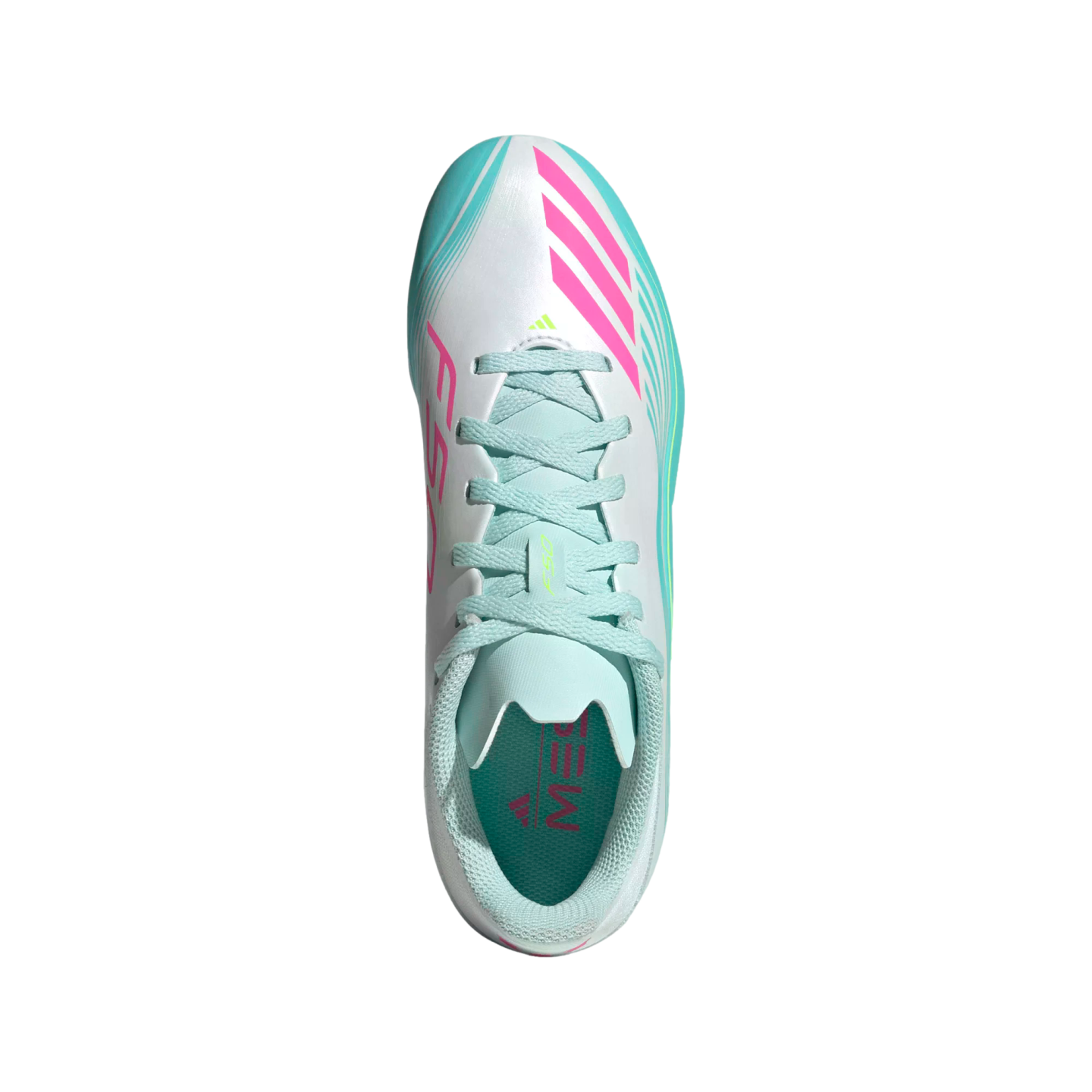 A top-down view of a white Adidas F50 Messi soccer cleat with pink and teal accents, featuring the 'MESSI' logo inside, isolated on a black background.