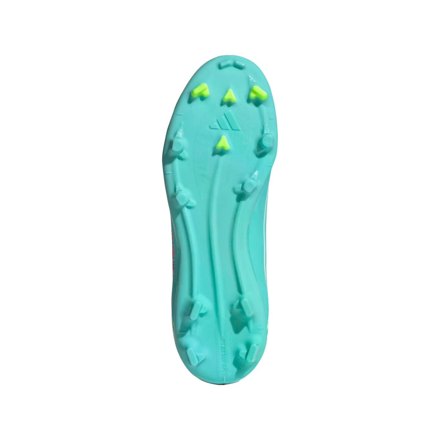 Bottom view of a teal Adidas soccer cleat with neon yellow studs and "SPRINTPLATE 360" branding against a black background.