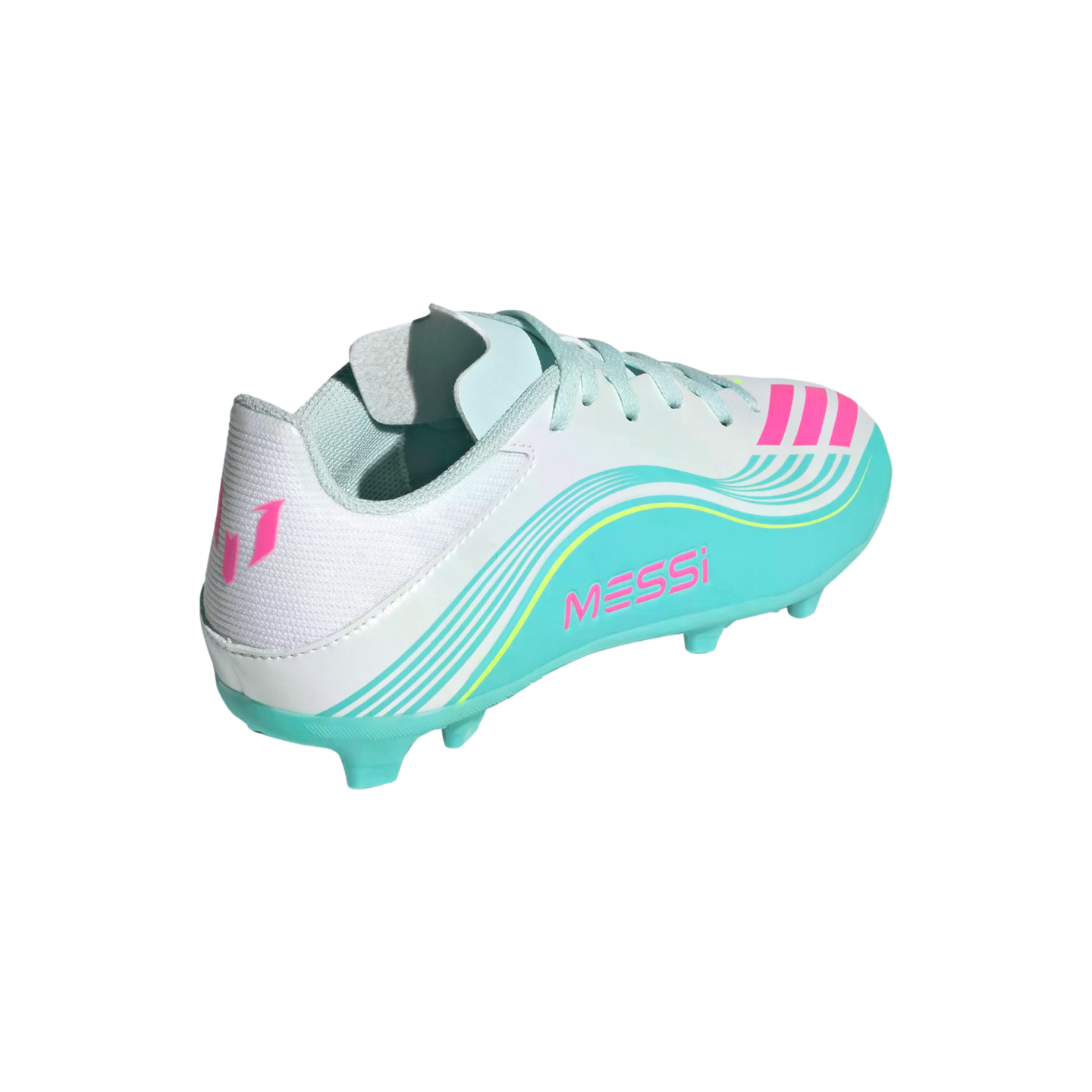 White and turquoise Adidas Messi soccer cleat with pink and yellow accents, featuring "MESSI" text and logo, shown from a side-rear angle on a black background.