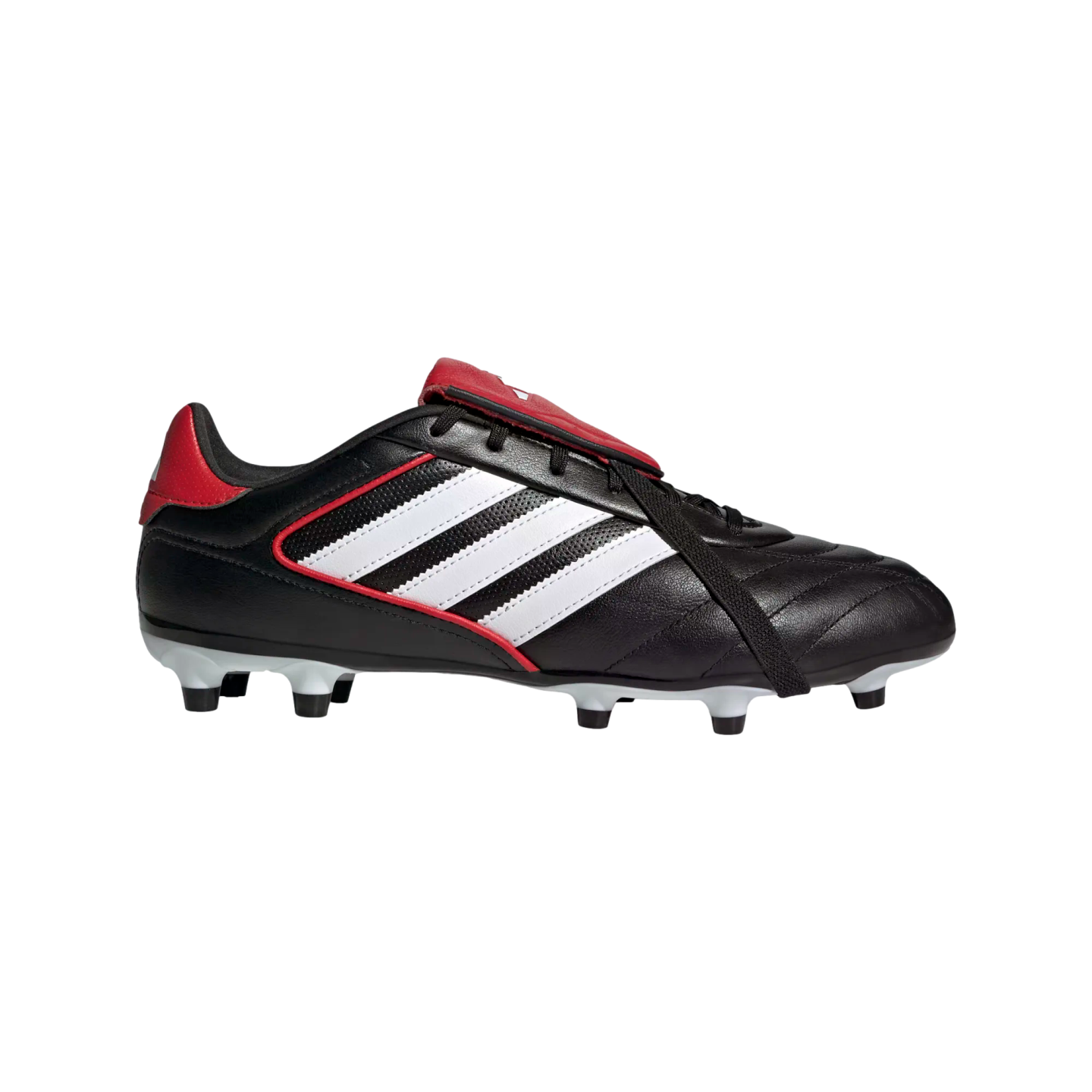 Side view of a black Adidas soccer cleat with white stripes, red accents on the heel and tongue, and white studs on the sole.