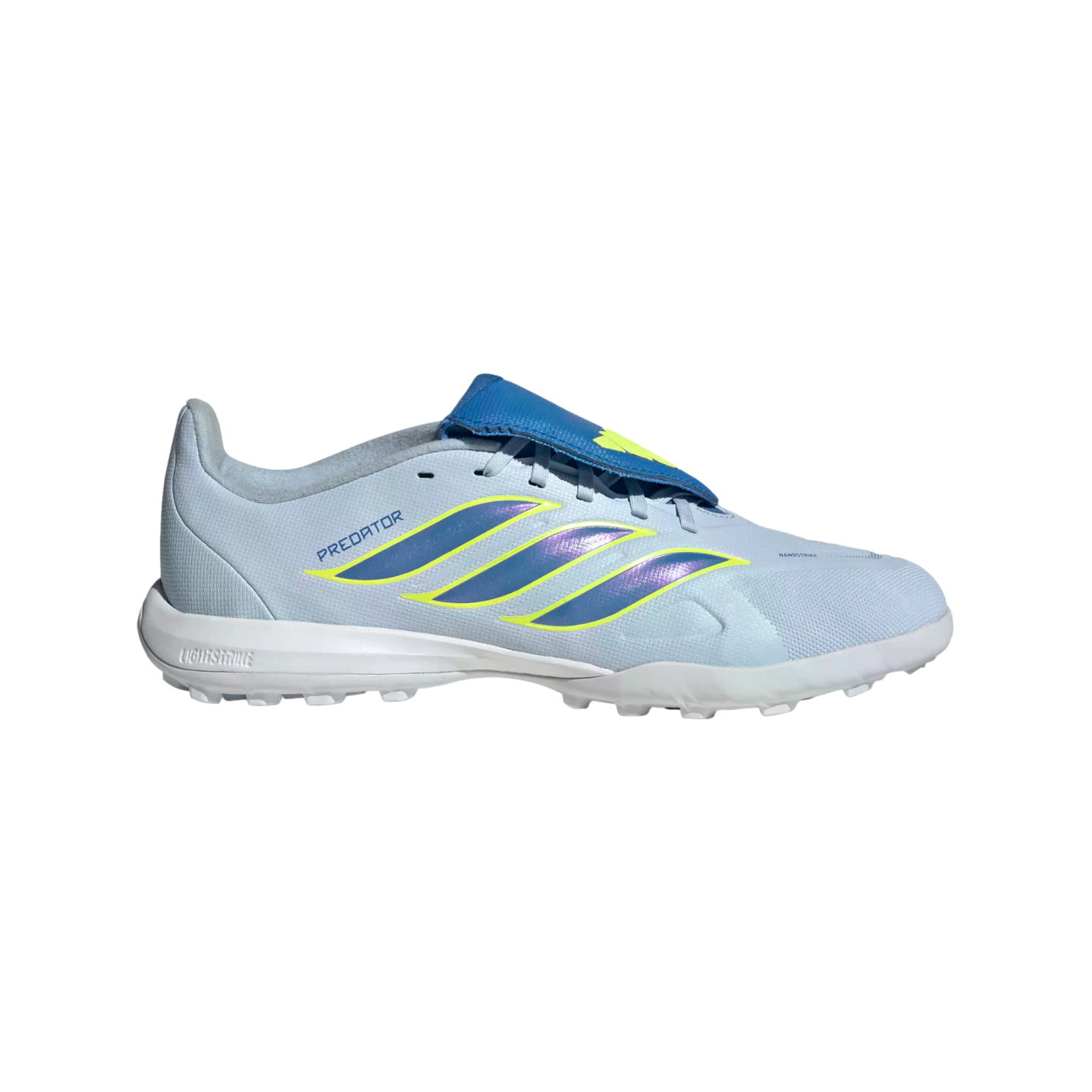 A side profile view of a light blue Adidas Predator turf football shoe against a solid black background. The shoe features three iridescent purple and blue stripes with neon yellow outlines, a white midsole with "Lightstrike" branding, and a blue fold-over tongue.