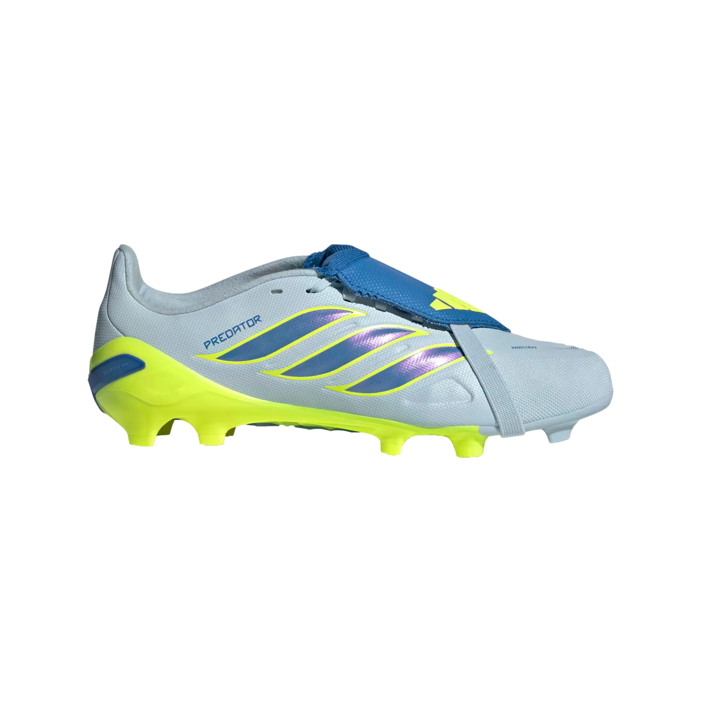 A lateral side view of an Adidas Predator soccer cleat against a black background. The shoe features a light gray upper with three iridescent blue-to-purple stripes, a vibrant neon yellow sole and heel counter, and a bright blue fold-over tongue secured by an elastic strap.