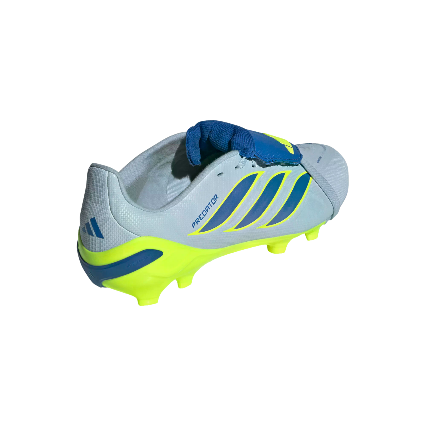 A rear-lateral view of a light blue Adidas Predator soccer cleat with yellow and dark blue accents on a black background. The shoe features three blue stripes, "PREDATOR" text on the side, and a blue fold-over tongue with a bright yellow soleplate and heel.