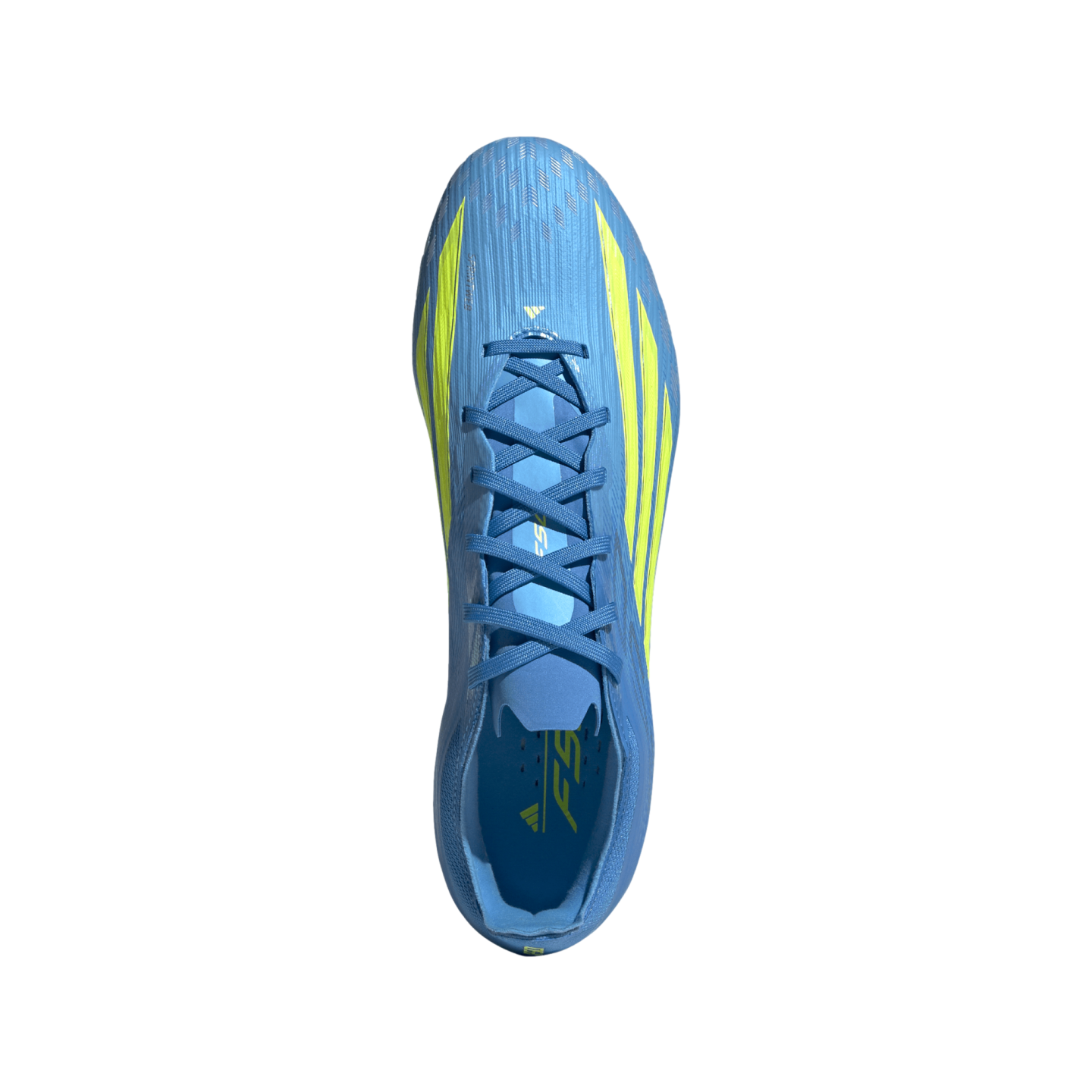 A top-down view of a light blue adidas F50 soccer cleat with neon yellow stripes, set against a solid black background.