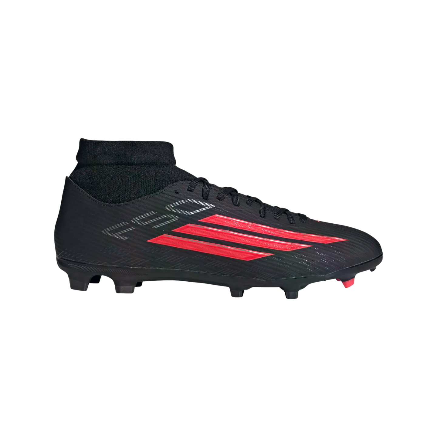 Profile view of a black soccer cleat with three red stripes, a high-top sock collar, and silver F50 branding.