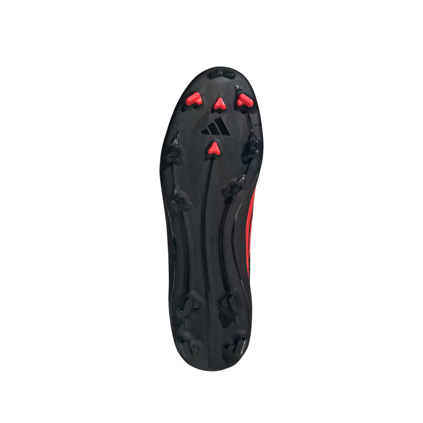 Underside of a black Adidas soccer cleat with red and black studs against a black background.