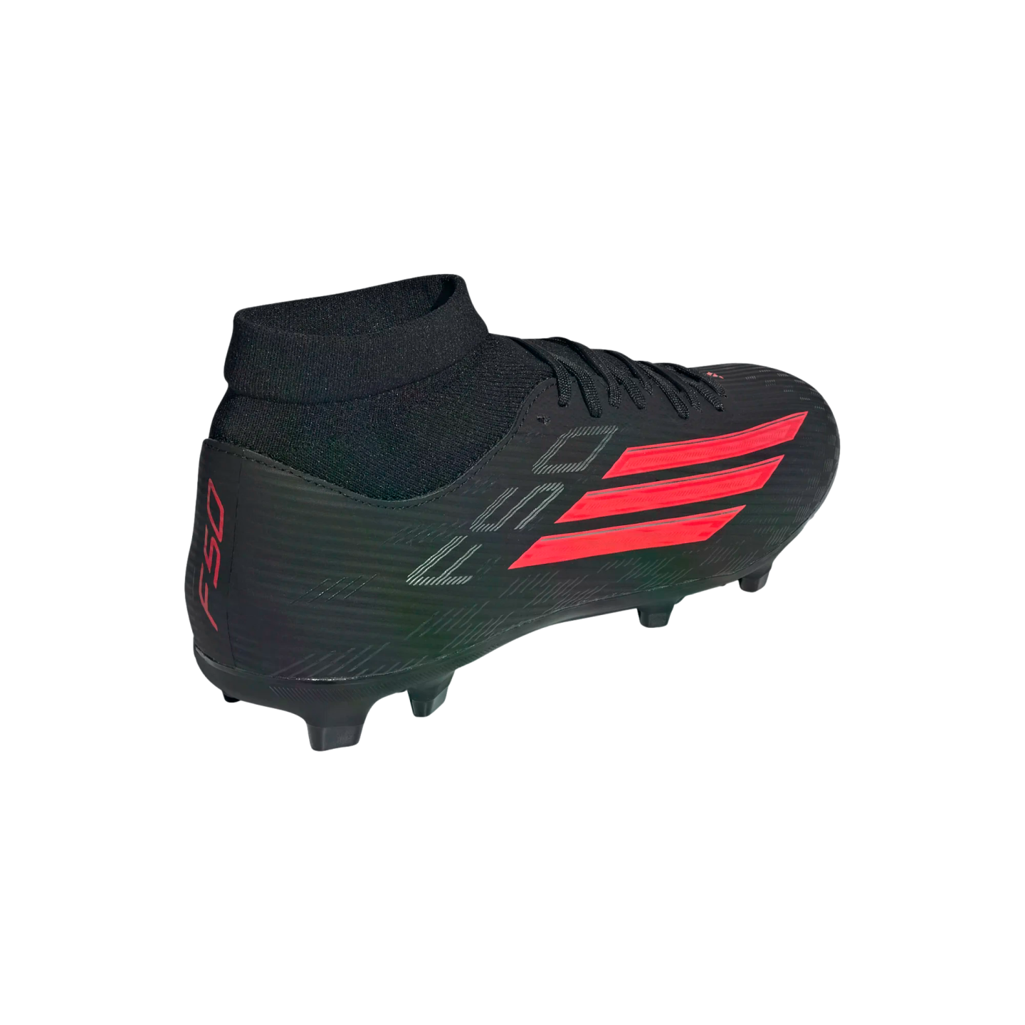 Black Adidas F50 soccer cleat with three diagonal red stripes and a high-top sock collar, set against a black background.