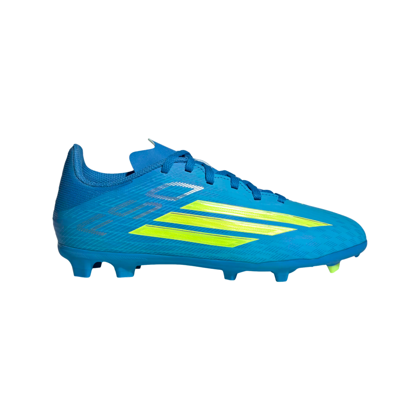 A side-profile view of a vibrant blue soccer cleat featuring three slanted lime-green stripes on its side, positioned against a solid black background.