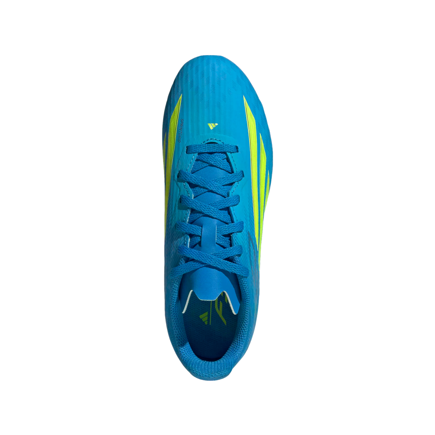 A top-down view of a bright blue Adidas soccer cleat with neon yellow accents and blue laces, set against a solid black background.